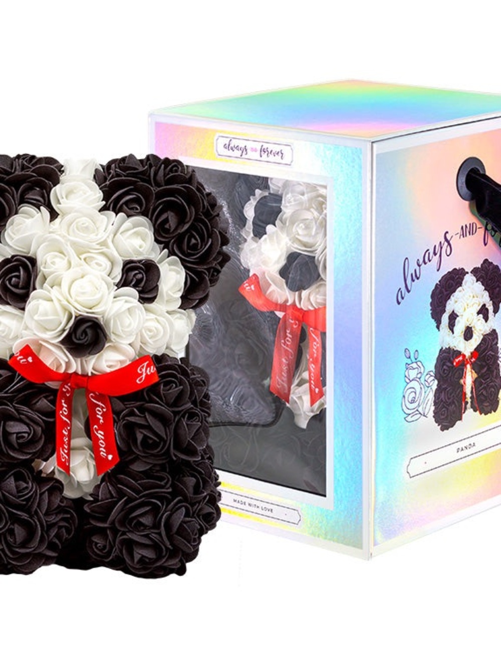 Bear-Shaped Rose Bouquet Figurine in Black and White with Red Ribbon